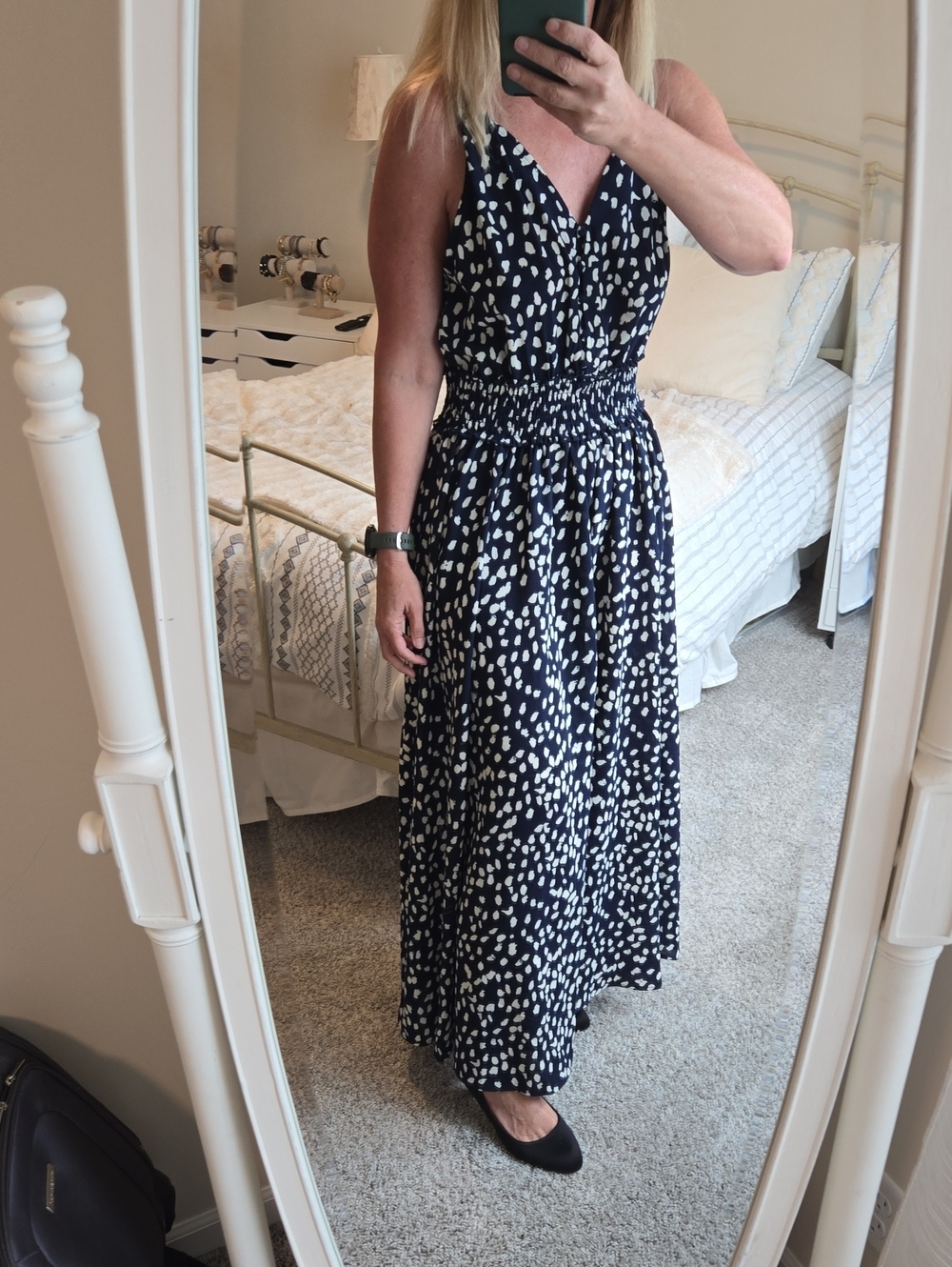 JODIFL Navy and Off-White Printed Shirred-Waist Maxi Dress